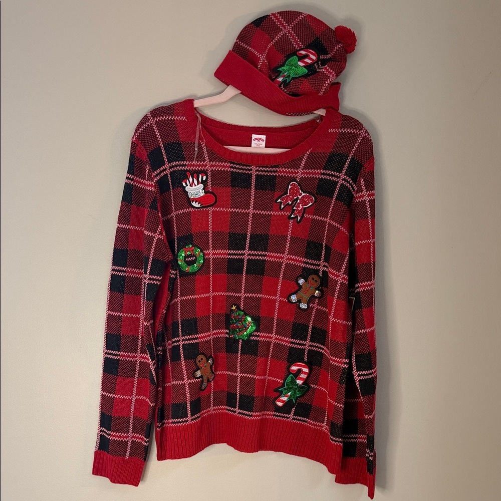 Women’s XXL Christmas Sweater & Hat Set – Red Plaid Cute Holiday‎ sequin patches